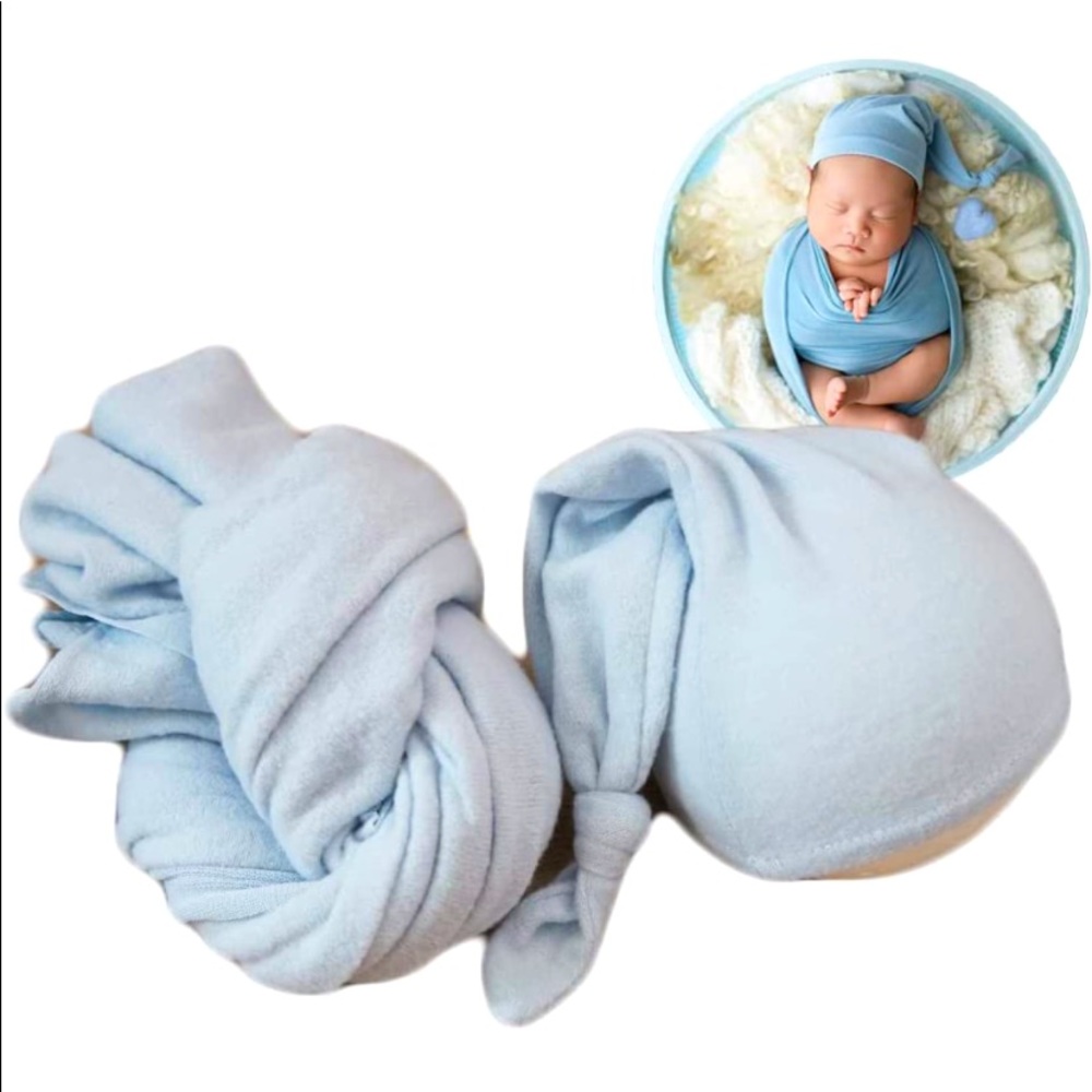 Newborn Photography Wraps w/ Hat. Outfit Stretch Blanket Photo Shoot (Blue)